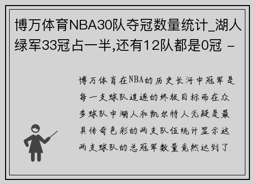 博万体育NBA30队夺冠数量统计_湖人绿军33冠占一半,还有12队都是0冠 - 副本